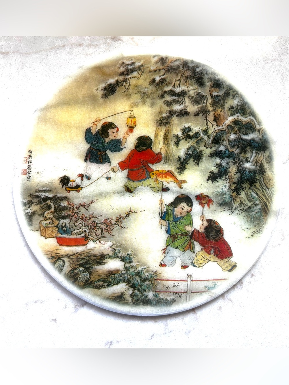 Vintage Marble Chinese Children Asian Art Decorative Disk Trivet